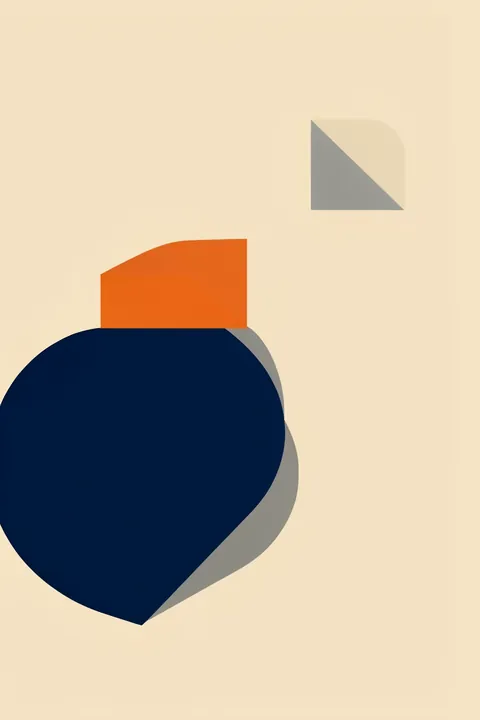 Stacked Organic Abstract Shapes. A large navy organic shape with an orange section and gray triangular accent sits on a cream background.