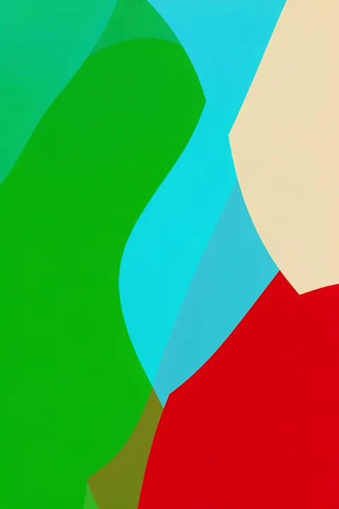 Vibrant Abstract Waves. Bright green and cyan flowing shapes sweep across a composition with cream and red areas.