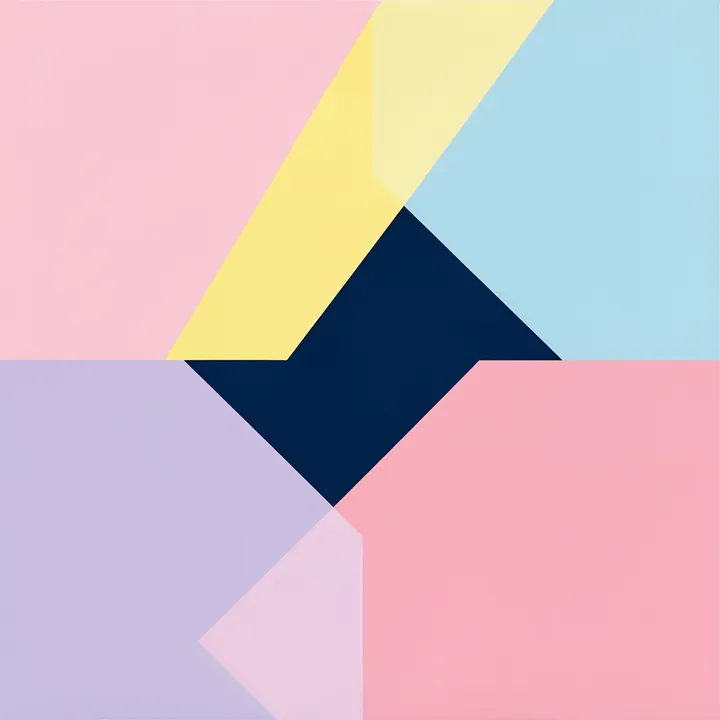 Soft Abstract Shapes. Angular blocks and triangles in pastel pink, yellow, blue, and lavender surround a deep navy shape.