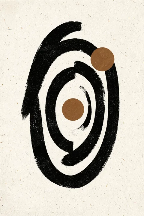 Organic Abstract Shapes. Thick black brush-like loops and two brown circles form an abstract design on textured ivory paper.
