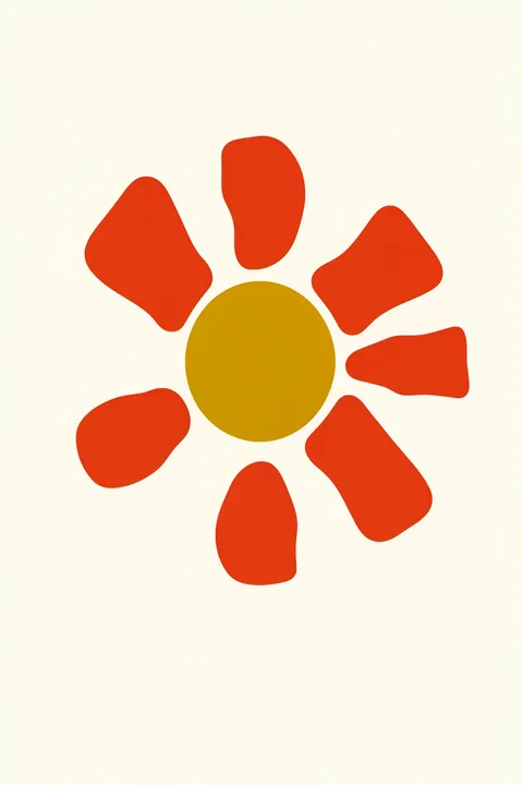 Warm Organic Shapes. Six rounded orange-red forms radiate around a mustard-yellow center on a warm cream background.
