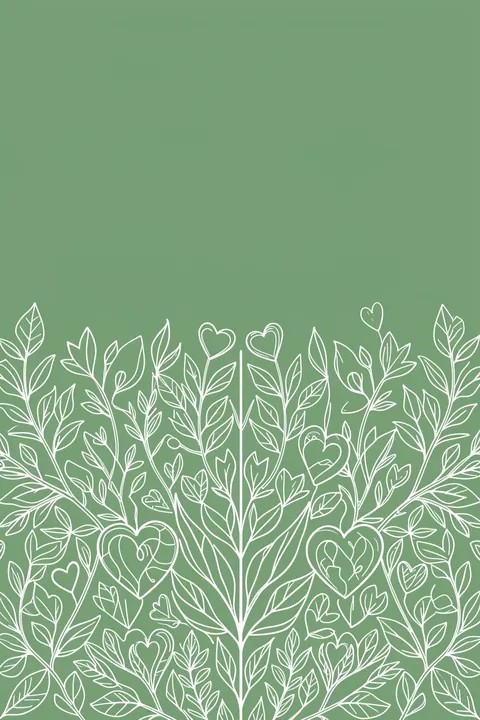 Botanical Love Pattern. Fine white line drawings of leafy stems, small blossoms, and heart shapes fill the lower half of a muted sage-green field.