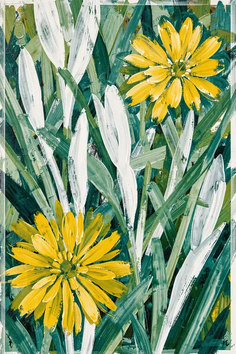 Yellow Floral Garden. Textured yellow flowers and broad white brushstrokes appear among layered green leaves.
