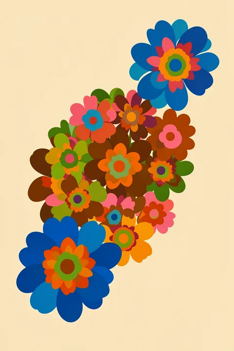 Abstract Colorful Blooms. A diagonal cluster of flat, brightly colored flowers and leaves stretches across a pale cream background.