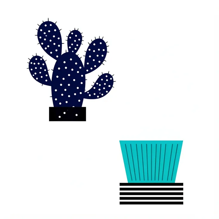 Graphic Potted Cactus. A dotted navy cactus in a black pot sits above a separate turquoise ribbed planter graphic on white.