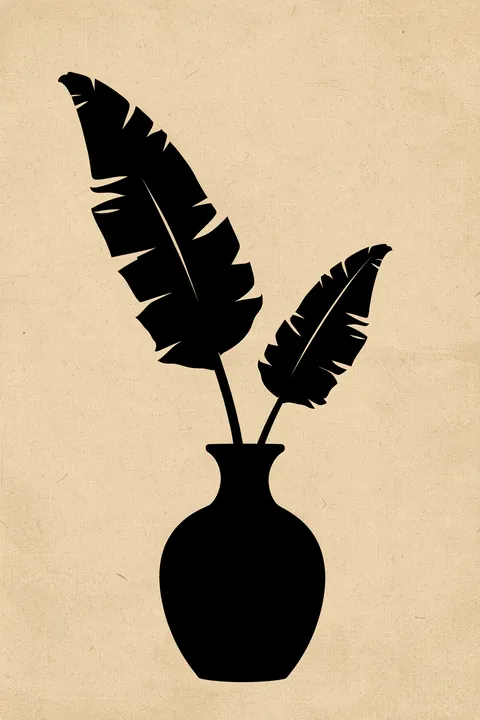 Minimal Black Plant. Two bold black leaf silhouettes rise from a matching vase against textured beige paper.