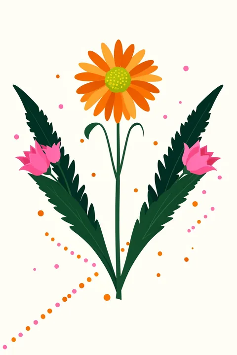 Vibrant Folk Flowers. Three stylized flowers in orange, yellow, and pink stand among dark green leaves, with small colored dots on cream.