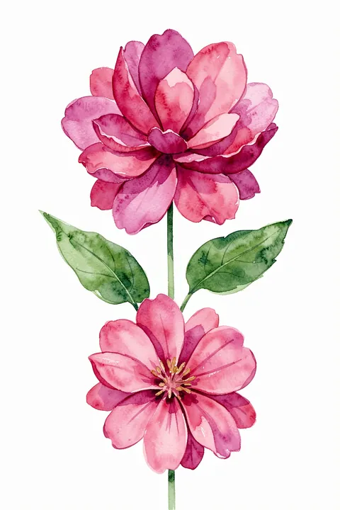 Kailey hot pink. Two watercolor flowers in shades of pink rise on a slender stem with two green leaves against white.