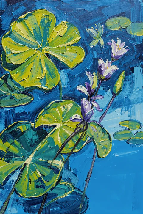 Lush Pond Harmony. Painted green lily pads and small pale purple flowers float across richly textured blue water.