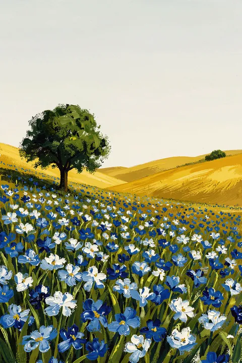Vibrant Blue Flower Field. A painted field of blue and white flowers stretches toward golden rolling hills, with a leafy tree beneath a broad pale sky.