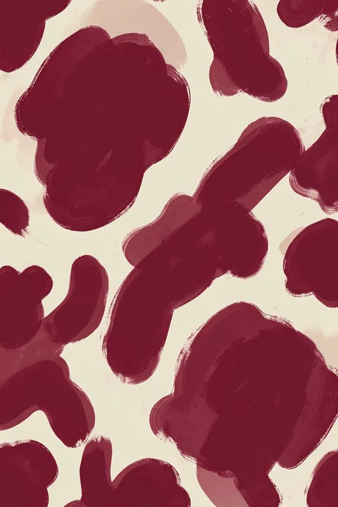 Crimson Whirls. Large burgundy brush-shaped forms curve and overlap across a warm cream background.