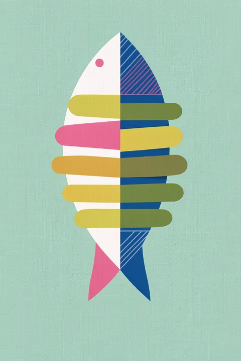 Abstract Geometric Flounder. A vertical fish-like figure is assembled from geometric blocks and stripes in navy, blue, pink, yellow, and olive on mint.
