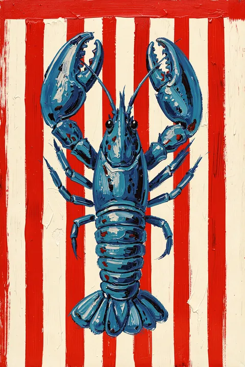 Blue Lobster Red Stripes. A detailed blue lobster is centered over bold red-and-cream vertical stripes.