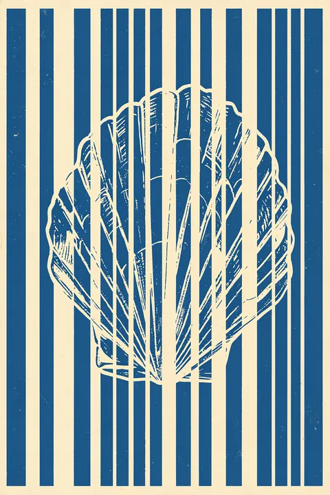 Blue Striped Seashell. A line-drawn seashell is layered over alternating dark blue and cream vertical stripes.