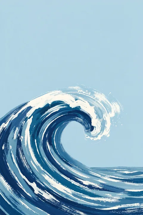 Dynamic Blue Wave. A curling navy-and-white wave rises over a pale blue sea and sky.