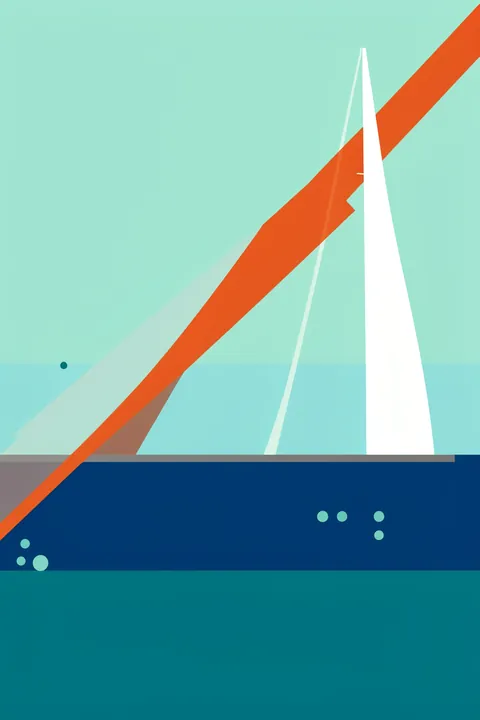 Geometric Ocean Sailboat. A geometric sailboat scene combines a tall white sail, an orange diagonal shape, and layered teal and navy bands.