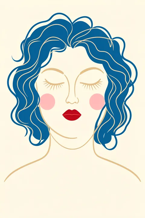 Make Waves Dreamer. A stylized woman's face with closed eyes, pink cheeks, and red lips is framed by voluminous flowing blue hair on cream.