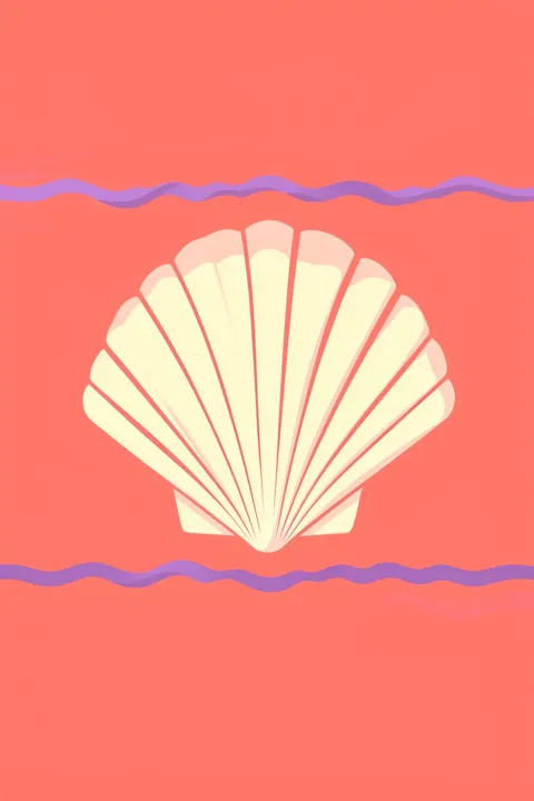 Mallorca(seashell). A large cream scallop shell is centered between two purple wavy lines on a coral-pink background.