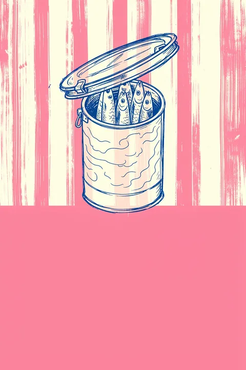 Sardines In A Can. Blue line art shows an open tin of sardines against cream and pink vertical stripes, above a solid pink lower panel.