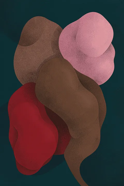 Geometrical Shapes. Textured organic forms in pink, burgundy, and brown overlap against a deep teal background.