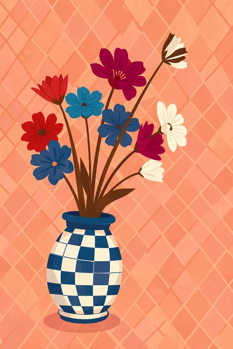 Vase Flowers Brights & Blues. A bouquet of red, blue, magenta, and white flowers sits in a blue-and-cream checkered vase against a coral geometric background.