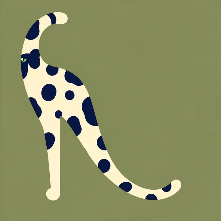 Playful Blue Spotted Cat. A cream-colored cat with large navy spots, one visible green eye, and a long curved tail stands against olive green.