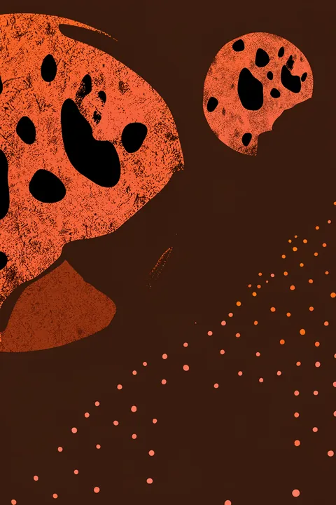 Whimsical Moon Face. Two irregular coral-orange forms with dark openings and dotted marks float over a deep brown field with scattered orange dots.