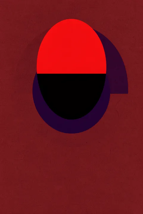 Abstract Red Oval. A bright red oval split by a black horizontal band casts a deep purple shadow on a textured dark red field.