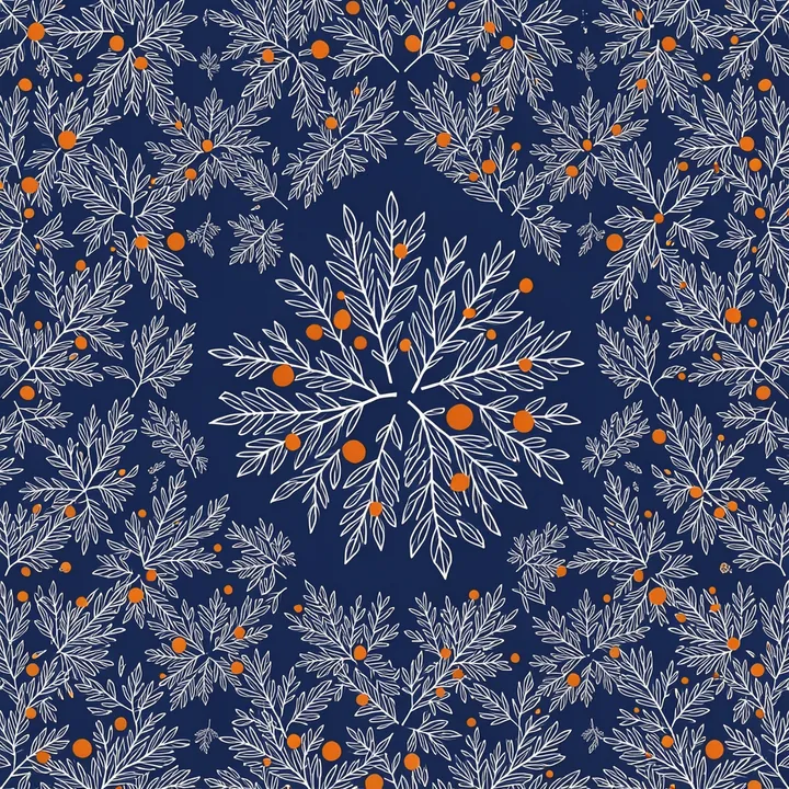 Delicate Winter Pattern. Fine white botanical linework and scattered orange berries form a dense repeat pattern on deep navy.