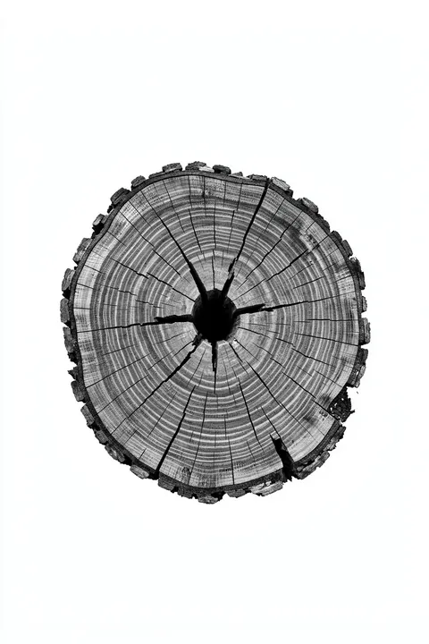 Oak Log. A black-and-white cross-section of a cut tree trunk shows concentric growth rings and radiating cracks on white.