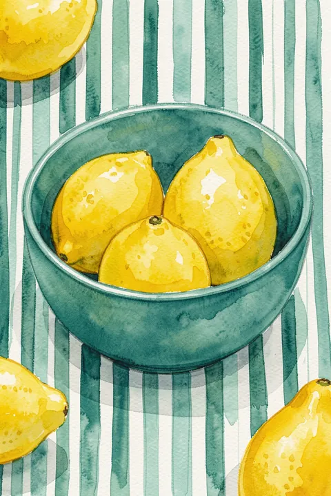 Bright Lemon Bowl. Three yellow lemons sit in a teal bowl, with additional cropped lemons against green-and-white vertical stripes.
