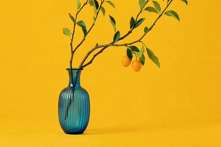 Orangetree. Two oranges hang from a leafy branch arranged in a ribbed blue-green glass vase against a yellow background.