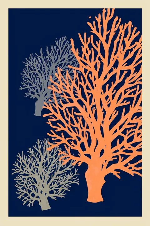 Red Sea Fan Corals. Two branching sea fans in coral orange and pale gray rise against a deep navy background.