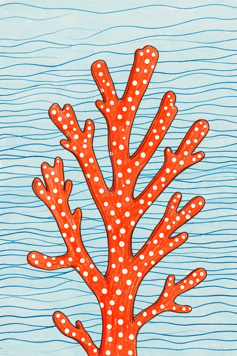 Vibrant Red Coral. A bright red-orange coral branch with small white spots rises in front of thin blue horizontal waves.