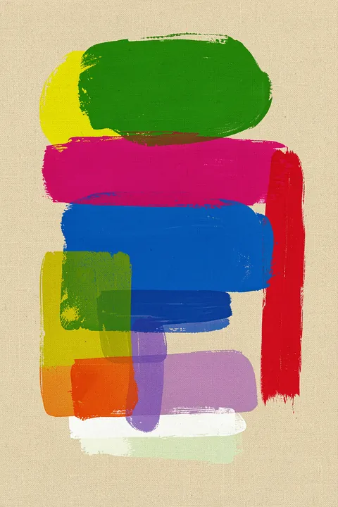 Mash Up 1. Broad overlapping brushstrokes in green, yellow, magenta, red, blue, orange, and lavender cover textured beige canvas.