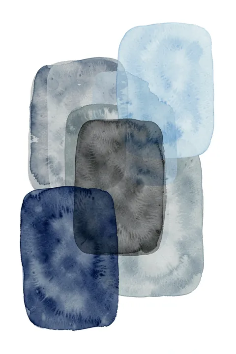 Blue Grey Watercolor Shapes. Translucent watercolor rectangles in pale blue, gray, and navy overlap on white.