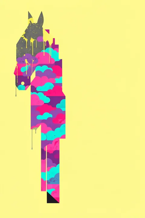 Pink Blue Graffiti Horse. A tall, fragmented horse-like silhouette filled with magenta, cyan, and purple shapes and gray paint drips stands on pale yellow.