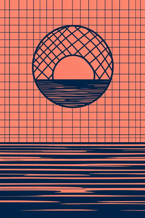 Nyc Sunset Society Blue. A dark-blue striped sunset circle sits over horizontal navy lines on a coral-pink grid background.