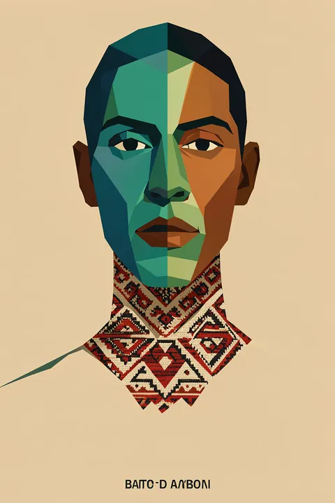Multiple Faces Portrait. A single angular portrait in teal, green, and warm brown fills the upper half, with patterned clothing and small decorative lettering below.