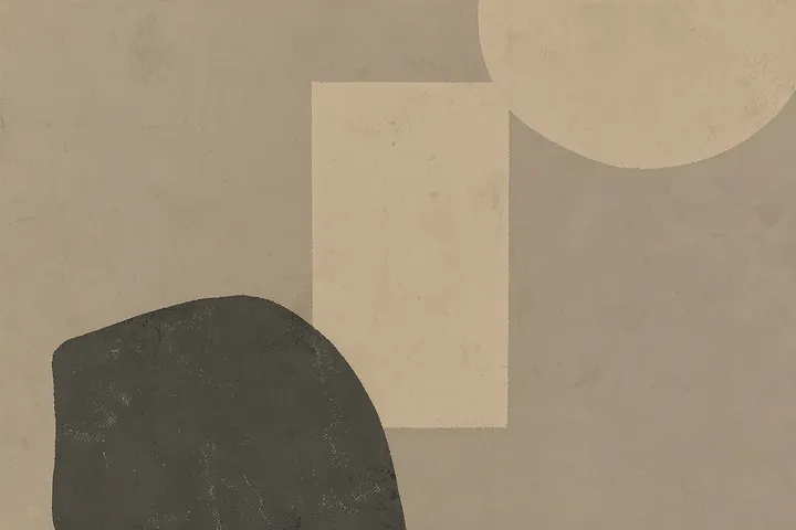 Transform. A dark rounded shape and pale geometric blocks overlap on a textured taupe background.