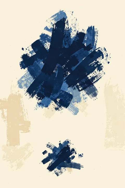Abstract Blue Strokes. Two clusters of navy and blue brushstrokes sit on a lightly textured cream field.