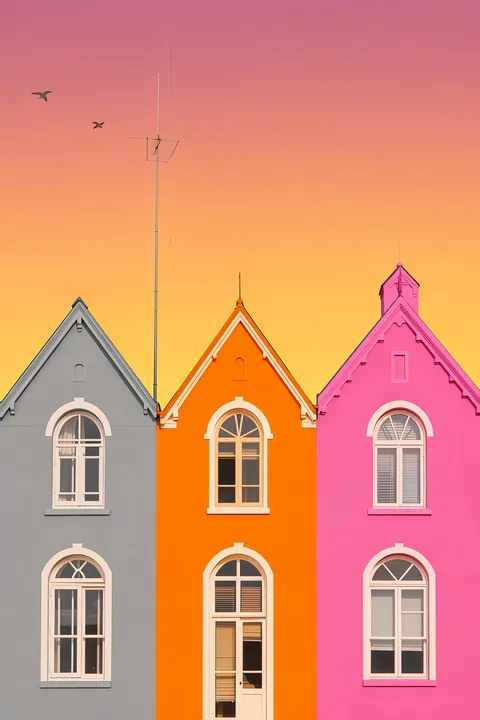 Colorful City Houses. Three narrow houses in gray, orange and pink stand side by side beneath a warm sunset sky, with small birds above.