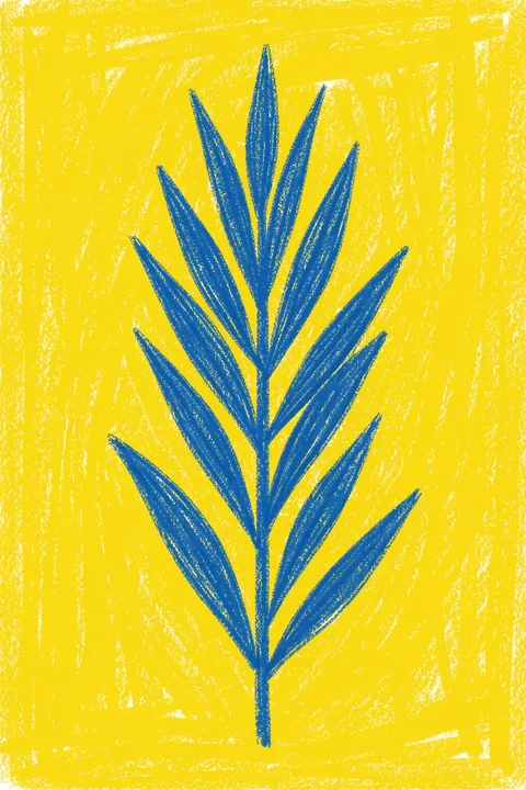 Blue Leaf Harmony. A single blue line-drawn leafy stem rises from the bottom of a textured yellow background.