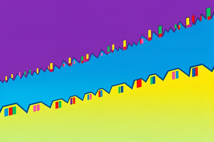 Blues and Stripes. Bright blue, purple, and yellow bands with jagged edges and small multicolored rectangular marks cross the composition.