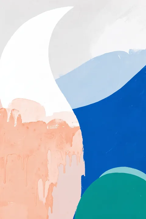 Colorful Mountain Waves. Large overlapping pale blue, dark blue, peach, and teal rounded forms fill an abstract composition on white.