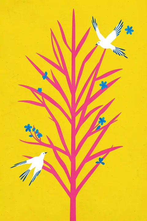 Glow With The Flow. A tall pink branching form with small blue flowers and two white birds appears against vivid yellow.