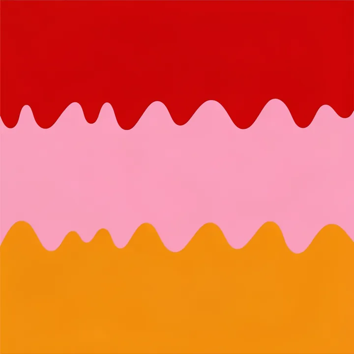 Vibrant Drip Waves. Three solid color fields in red, pink, and orange meet along repeated wavy edges.
