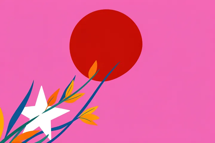 Vivid Colors and Delicate Petals. A large red circle sits behind sharp blue-green leaves and a white star-shaped flower with orange accents on bright pink.