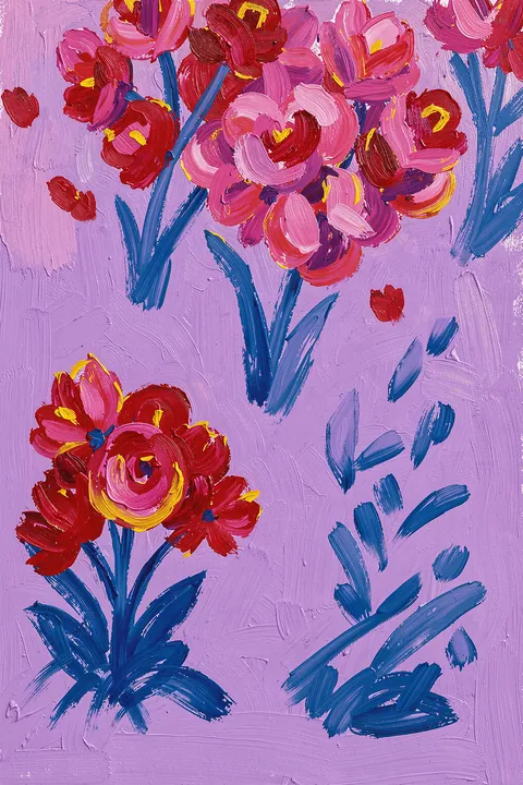 Wish You Well. Loose brush-painted pink and red flowers with blue leaves fill a lavender background.