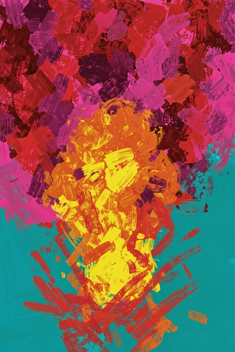 Flare of the Storm. Vivid pink, red, purple, and teal brushstrokes radiate around a bright yellow center.